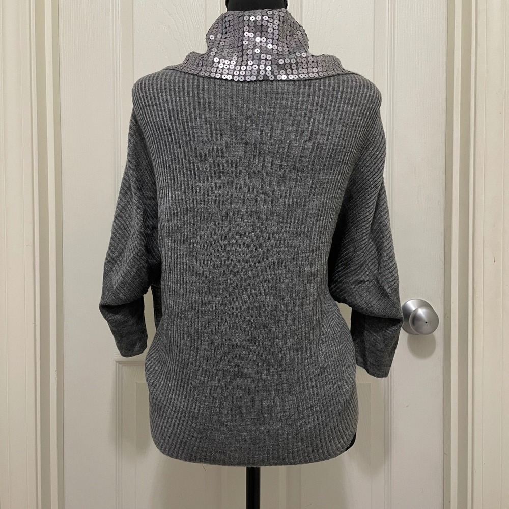 Vintage Cache Draped Open Front Cardigan Sweater Gray Wool Blend Sequin Trim S - Picture 4 of 9